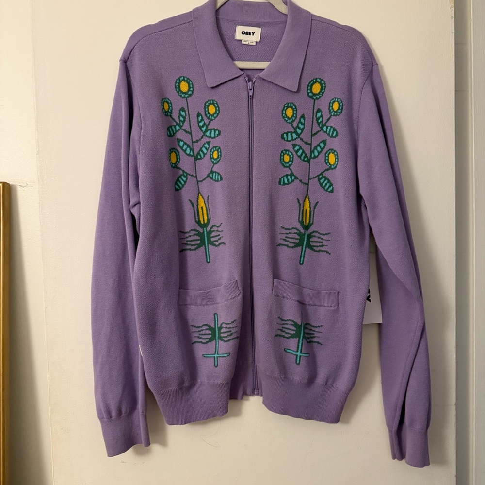 Obey Purple Zip-Up Cardigan with Floral Design